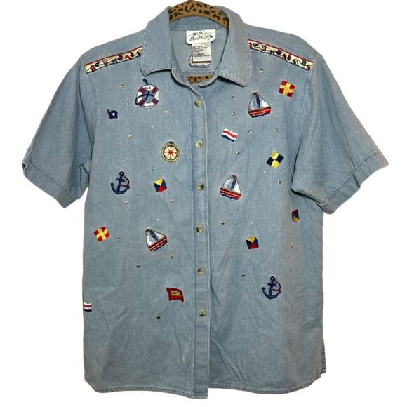 Quacker Factory Nautical Embellished Button Down Short Sleeve Shirt - Picture 1 of 2